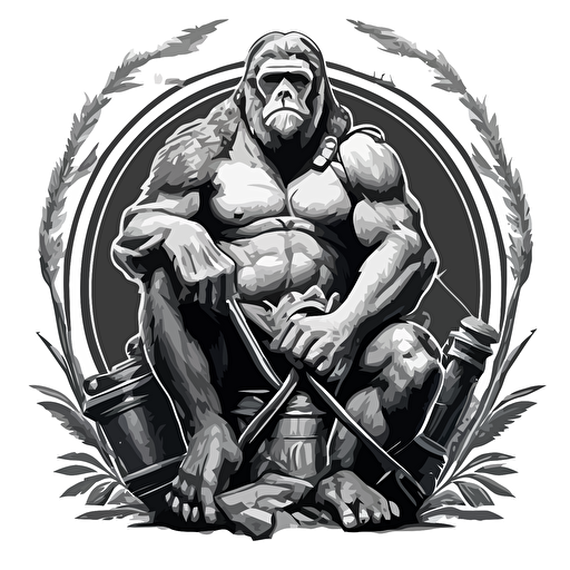 a elder wise strong silverback ape, he is sitting down, in his right hand a grasps an olive branch ins the style of the great seal of the united states, in his left hand he grasps a bunch of hunting arrows, also in the style of the great seal of the united states vector line drawing very high details