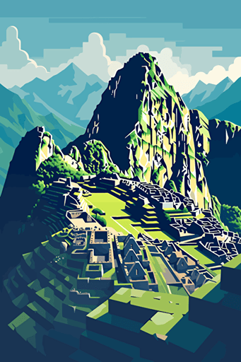 front view of machu pichu, blue sky, vector design, minimalist, flat