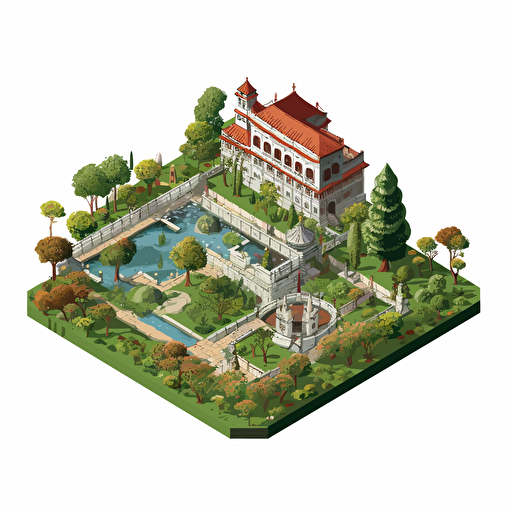 isometric cartoon vector image of a walled botanical garden with transparent background