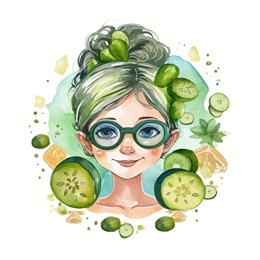 watercolor design of a little girl having a spa, towel in hair, green face mask on, cucumbers on eyes, vector