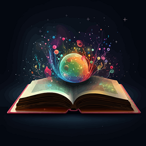 an open book with a small universe coming out of the pages, vector, art