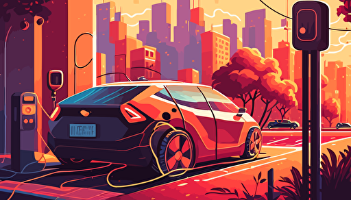 electric car charging in futuristic city , warm collors, illustration,vector,