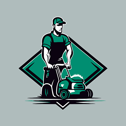 a mascot logo of a man with lawn mower, simple, vector