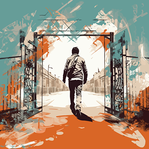 a vector image of a man leaving prison, walking into his community, opened prison gates, graffiti style