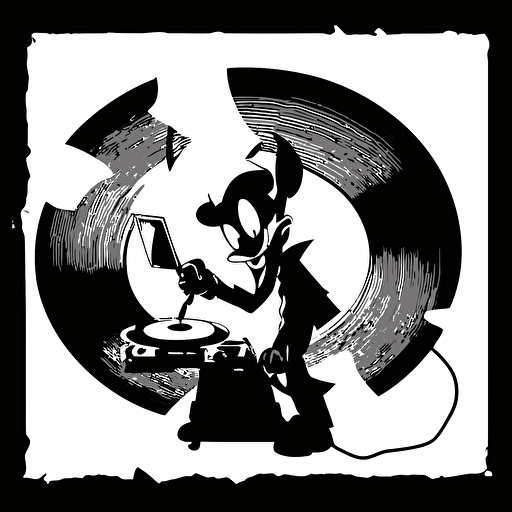 Looney tunes inspired black and white 40's cartoon inkblot, dj holding a cd music, High quality vector illustration, dark, white background, png