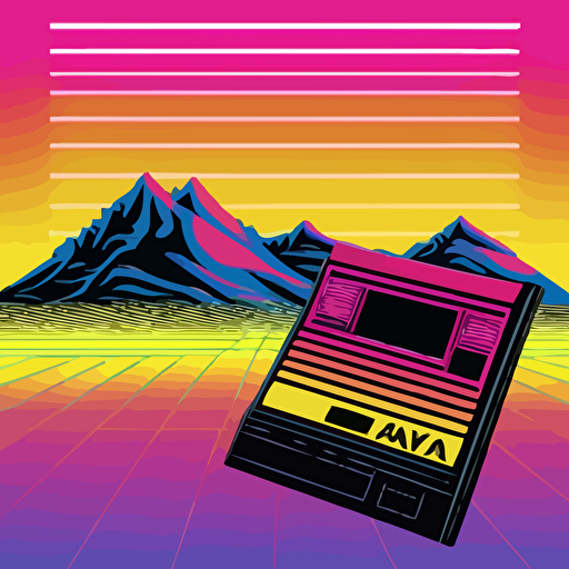 atari video game cartridge floating in a vector grid based landscape synthwave