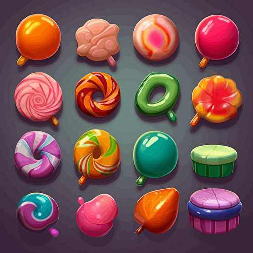 design me a set of 2d vector colorful candies for match 3 games, high quality and detail, octane render, artstation, behance