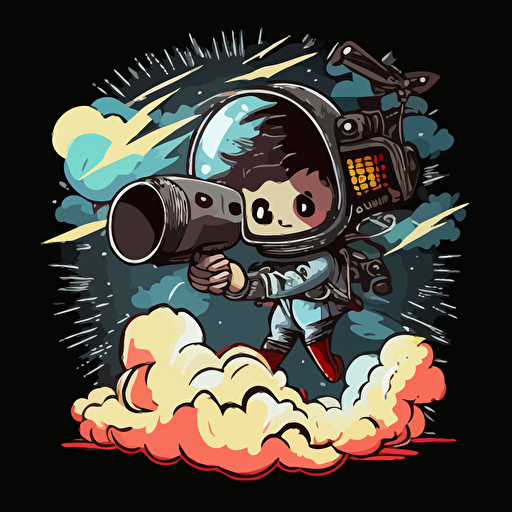 an astronaut cartoon with a black magic video camera, lighting, vector image, 3 colors, wings, clouds,Y2K Design, rain,Shockwave,logostron