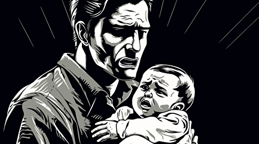 Young father looking desperate holding crying baby, Vector art, funny, black and white ,