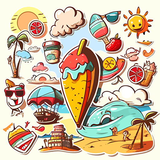 crazy funny beach activities:sticker,illustration ,vector ,cartoon style