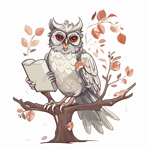 a happy Owl reading a book, gray color and cream color owl, sitting on a branch, white background, vector illustration, illustration