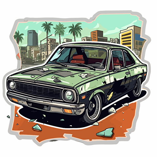 Stickers, vector art, gta 5 style, Wrecked car, dime is coming out from under the hood, windows are broken, one door is open, in the background is an intersection with a traffic light