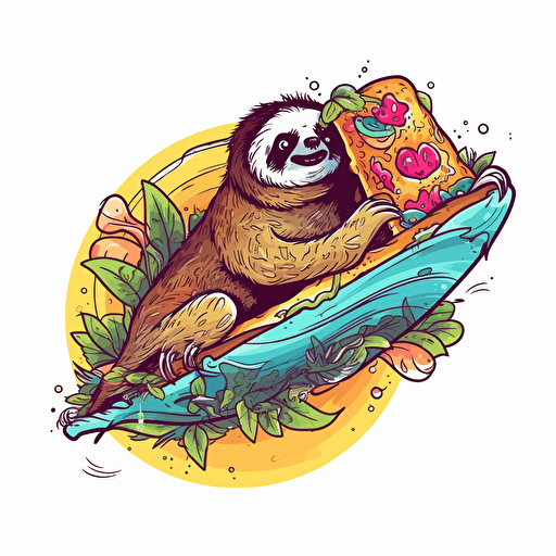 A sloth surfing on a slice of pizza, vibrant color, vector art, illustration, disney style, blank white background