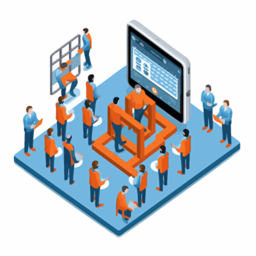 imagine flat vector icon, prisoners using tablet computers, blue and orange and white and darky gray, isometric