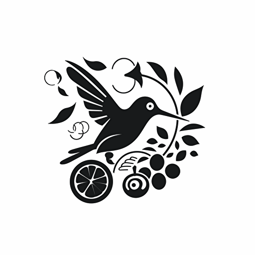 minimalist flat SVG vector black and white logo showing a hummingbird flying surrounded by flowers, fruits and vegetables