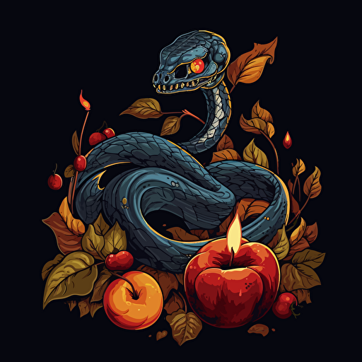 stylistic angry cobra. Dead leaves and rotting apples. Burning candle. High detail. Vector image. Drawing. Black background.