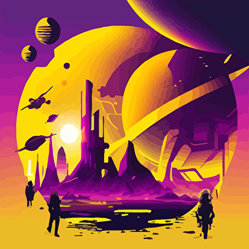 fantasy scene, futuristic global conference, vector art, event poster, yellow f795fa purple 4ec4ff red 2b1a2b