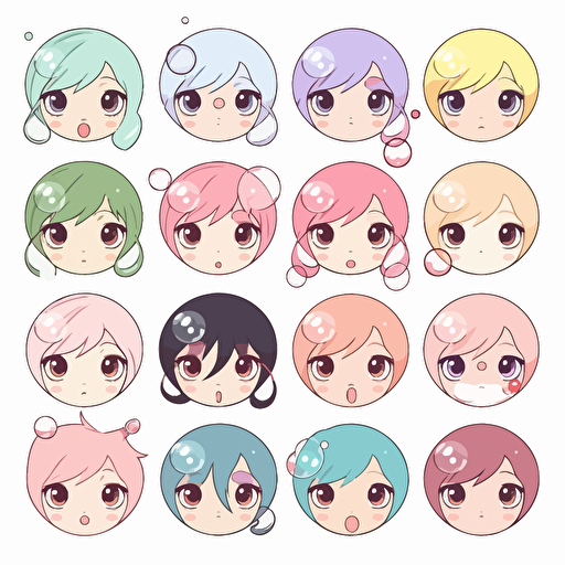 Kawaii bubbles, flat, 2D, vector, 16 colors, white background, in anime chibi style