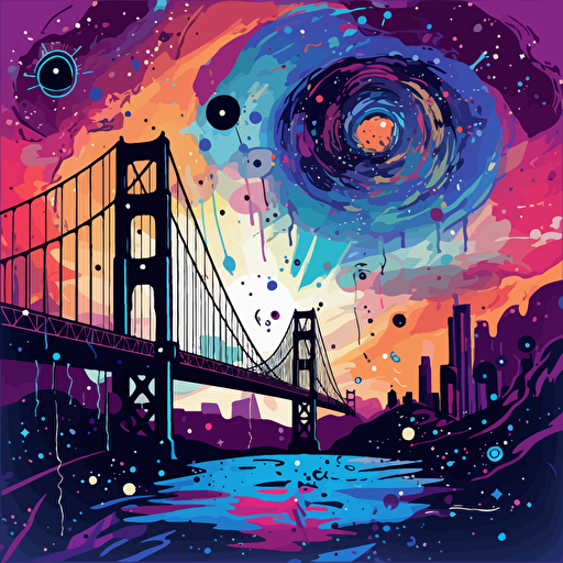 colorful vector art, fun, san francisco with galaxy in the background, inside a splatter of paint