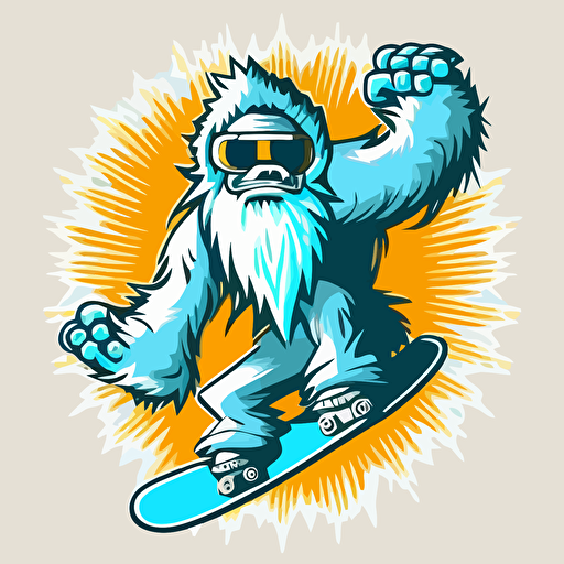 yeti with a snowboard, vector logo, vector art, emblem, simple cartoon, 2d