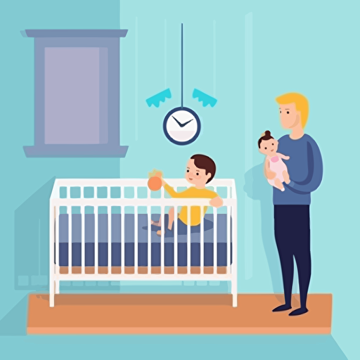 parents leaning over a crib to look at a baby. In a baby room. Vector illustration.
