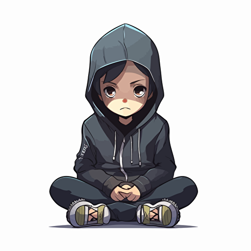 a young child hacker, sitting on the floor, meditating, wearing a hoodie. cartoonish, cute, vector, anime