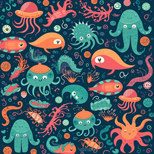 flat pattern in a cartoonish style, fun, playful, design should include octopus, sharks, fish, starfish, and stingrays, color scheme should be pastel and soft, whimsical and dreamy feel, vector, illustration