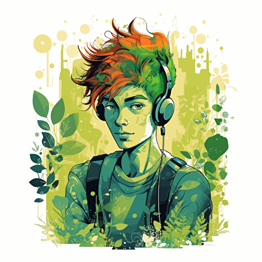 vector illustration of beautiful young man with a computer gadget technology face and wild green garden hair, in vivid colors