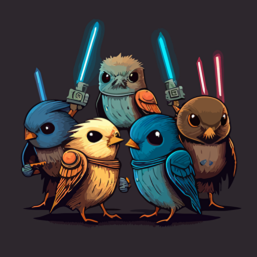group of birds holding lightsabers vector