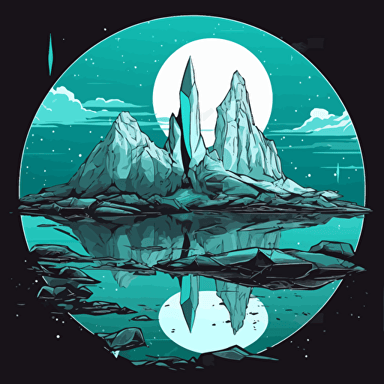 stylized turquoise-color illustration vector fantasy art clean / black and turquoise with white accents on a white background / showing a massive geode landscape with large, reflective faceted organic beautiful pointed crystals, holding a lake under the moon