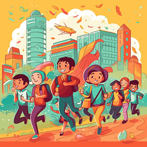 Vector illustration of schoolchildren and students running to study and education for a poster. The style is colourful, fluid and contempory, Modern flat vector concept illustrations. Must have the text BAHASA MELAYU as the book title.