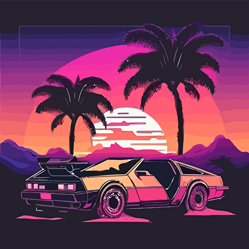 delorean in comic style, vector, flat background, pastel colors, violet, coctails, palms, sunset