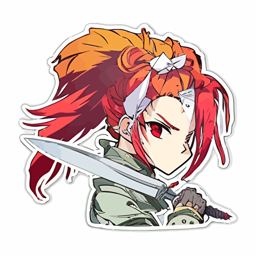 Girl with Sword, Sticker, Intense, war colours, Anime, Contour, Vector, White background, Mininal