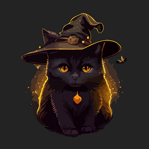 illustration of a cute black cat with yellow eyes, digital art, high quality. cat wearing a witch hat comic style vector