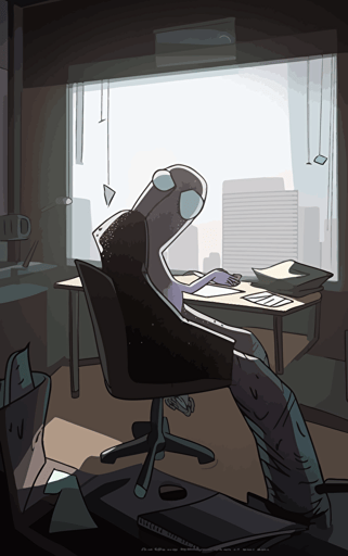 a sad grey alien slumped in a chair behind a desk covered in mess and futuristic office equipment, Sun shining through a window behind with a future city outside, melancholy and fatigue, in the style of flat vector