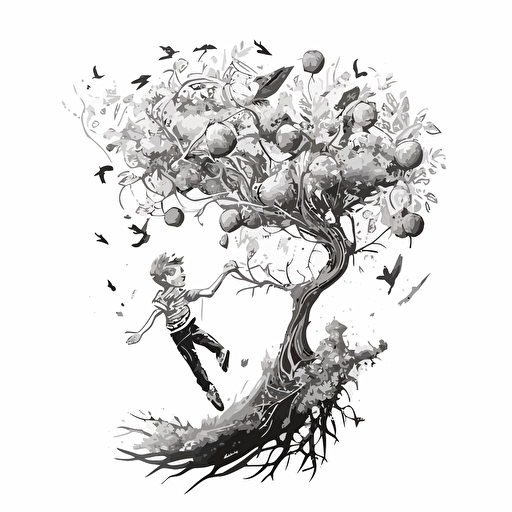boy flying over tall and skinny tree, with branches that twisted and turned in every direction. Black and White vector illustration. Cheerful image with magical fruit around