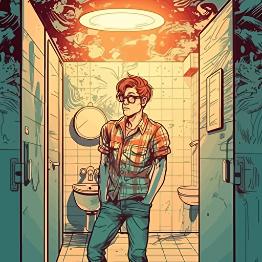 man in toilet room, vector art, rasterize, carsoon. 80s Styles
