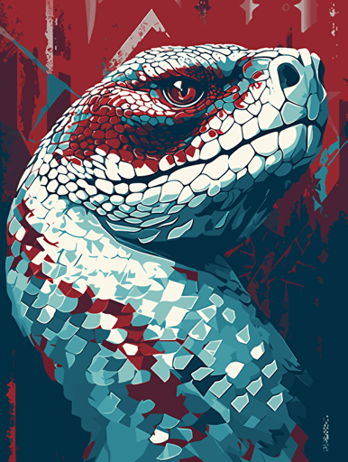 vector art of a diamondback rattlesnake, red, white and turquoise lighting, 300 dpi,