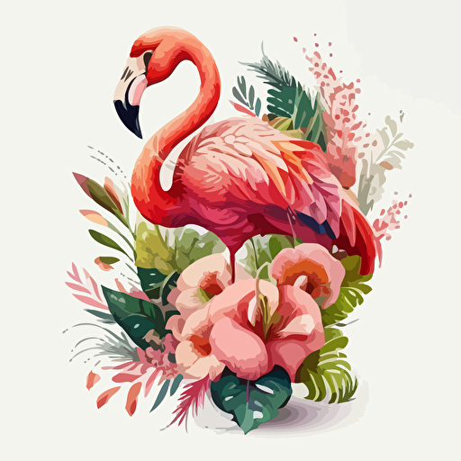 flamingo, flowers, detailed, cartoon style, 2d clipart vector, creative and imaginative, hd, white background