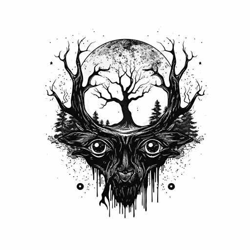 flat vector, occult, logo, black and white, ink style, cresent black moon, black stylized moon, eye, goat eye, moon, tree black tears, with the word: volva