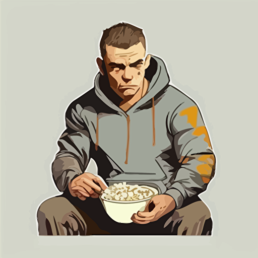 gta style charachter squating in tracksuit and eating cereals from bowl, hd, vector