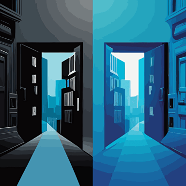 a vector illustration of the entrance to the virtual world, focusing in the difference of the real and the virtual world, style: using only flat vectors, in blue and black tones.