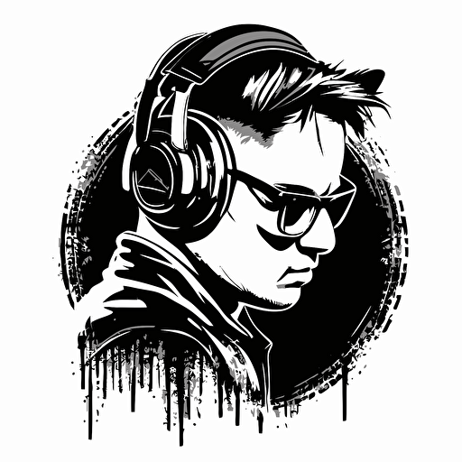 illustration of a pig for a dj logo, Paul Renner style, white background, black and white, vector style, the focus is in the face of the pig, using a headphones in his ears, informal teen style