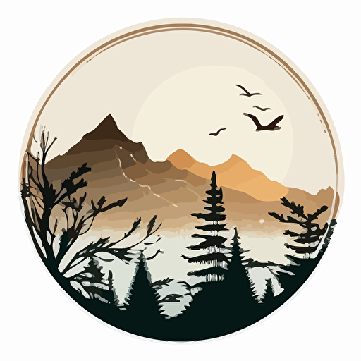 sticker, minimalistic circle mountain silhouette, woodsy, contour, vector, white background