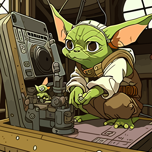 Grogu being trained by Master Yoda in the style of a highly detailed vectorized 90s anime,