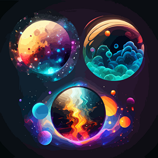 Cartoon Space,Nebula,Planets, lighting, vector image, 3 colors, Circular image,,Y2K Design, rain,Shockwave,logostron