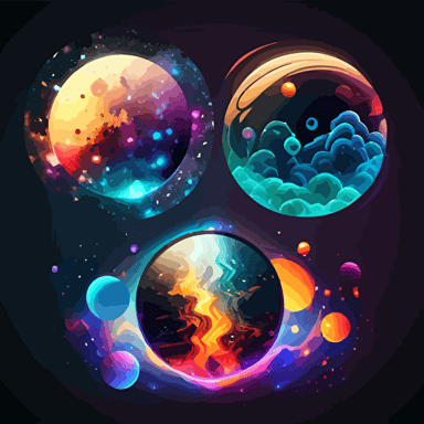 Cartoon Space,Nebula,Planets, lighting, vector image, 3 colors, Circular image,,Y2K Design, rain,Shockwave,logostron