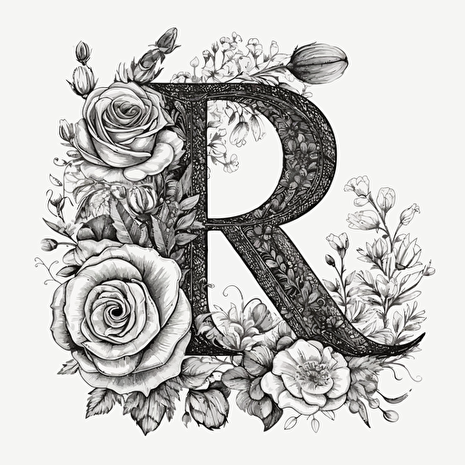letter R logo, cute, flowers, excessive detail, black white, no background, white background, vector