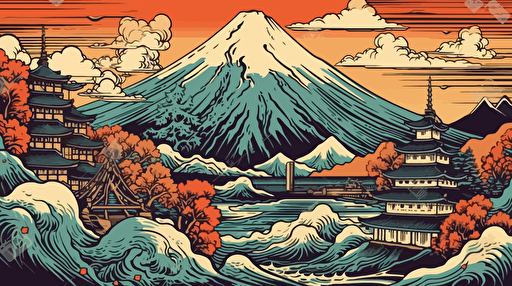 tokyo city scape with mount fuji in the background, 2d vector art ukiyo-e,