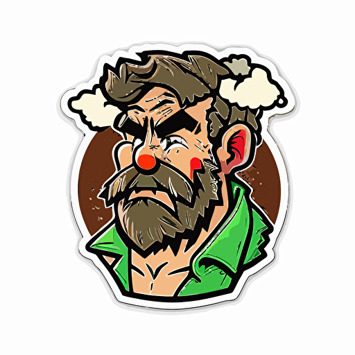 Cartoon [Farmer] head Sticker, white background , [80's sci-fi colours], vectorised, die cut sticker, no image noise, no lettering, hyperdetail, maximum detail